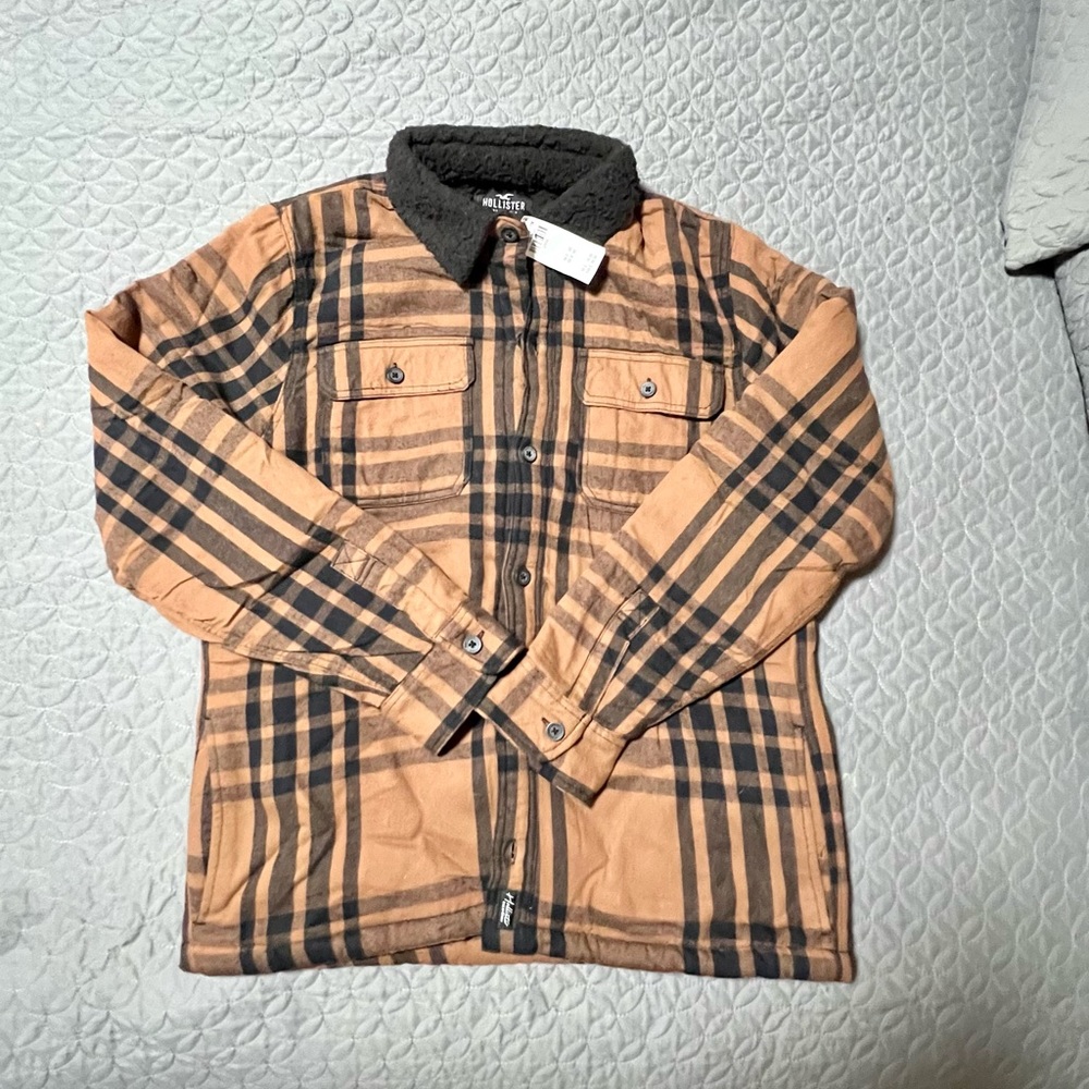 NWT!Hollister Sherpa Lined Plaid Shirt Jacket Brown Mens Size L